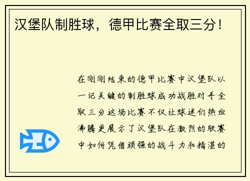 汉堡队制胜球，德甲比赛全取三分！