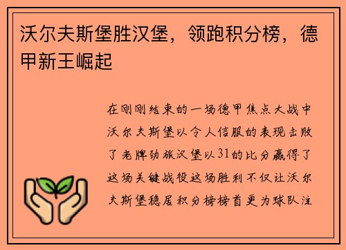 沃尔夫斯堡胜汉堡，领跑积分榜，德甲新王崛起